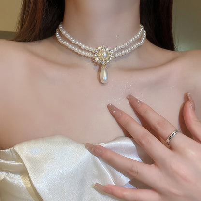 Adiffu Water Drop Artificial Pearl Double Layer Necklace With Diomand For Bride
