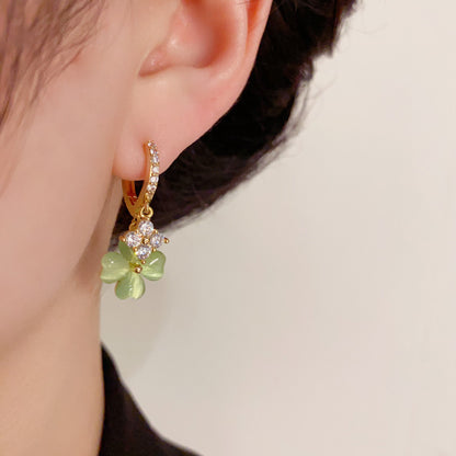 Adiffu Fresh Green Four-leaf Flower Zircon Earrings