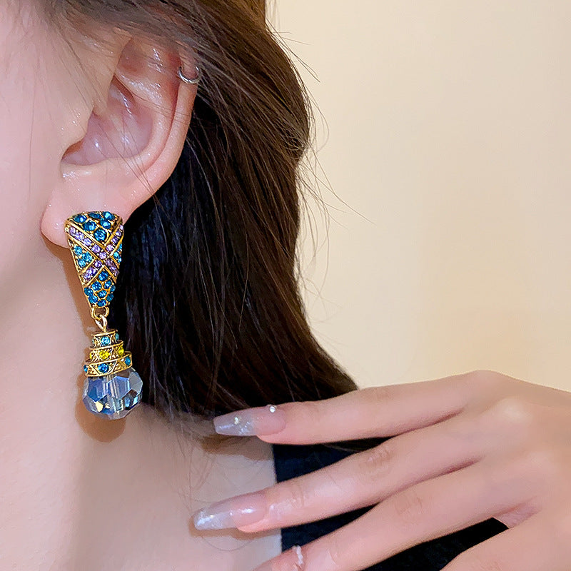 Adiffu Rhinestone Set Trapezoidal Drop Tassel Earrings