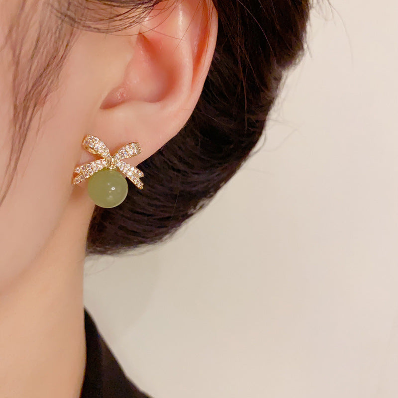 Fresh Zircon Bow Jade Bead Earrings