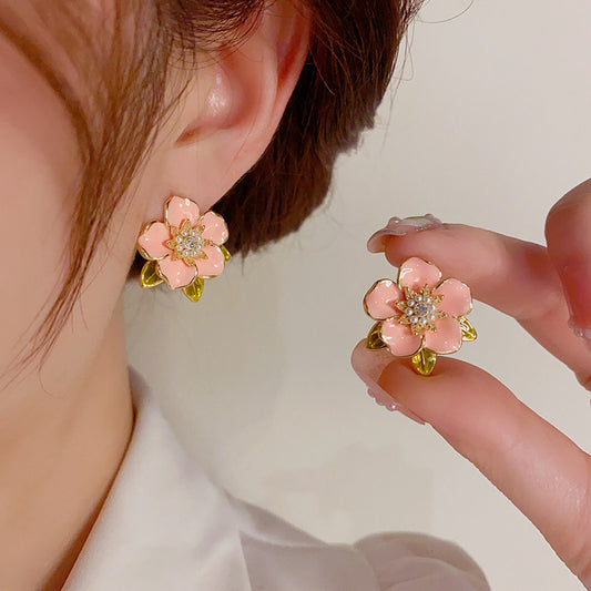 Fresh Sweet Pink Dripping Pearl Flower Stud Earrings