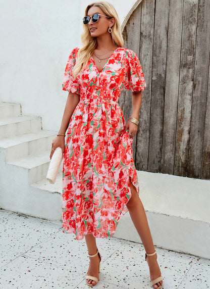 Spring/Summer Holiday Casual Print V-neck Dress