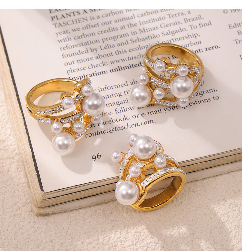 Adiffu Elegant 18K Gold Ring With Diamond And Imitation Pearl
