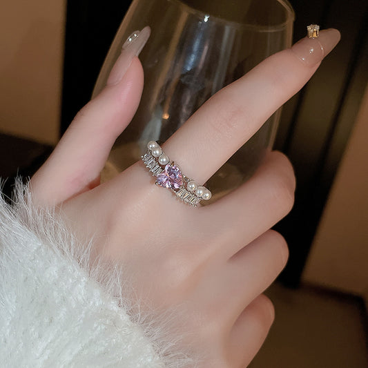 Adiffu Flash Diamond Heart Artificial Pearl Open Ring