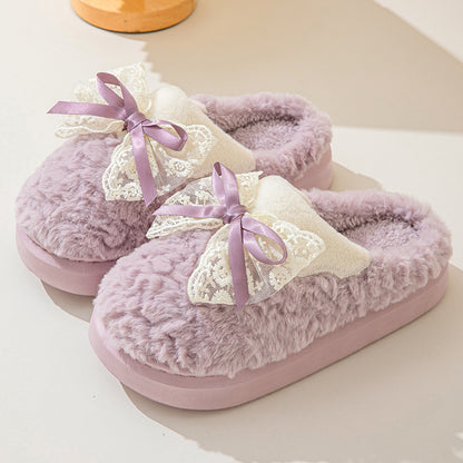 Adiffu Bow Indoor Warm Non-slip Plush Slippers