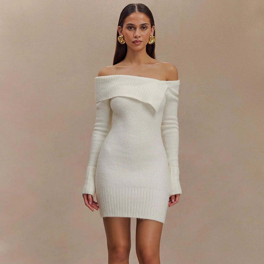 Adiffu Sexy Off-the-shoulder Long-sleeved Knit Dress