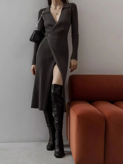 Adiffu POLO Collar Long-sleeved Lace-up Sweater Dress