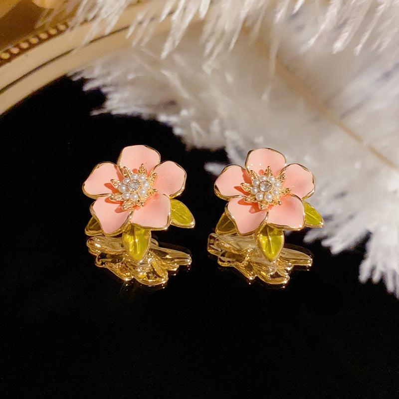 Fresh Sweet Pink Dripping Pearl Flower Stud Earrings