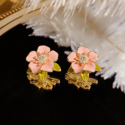 Fresh Sweet Pink Dripping Pearl Flower Stud Earrings
