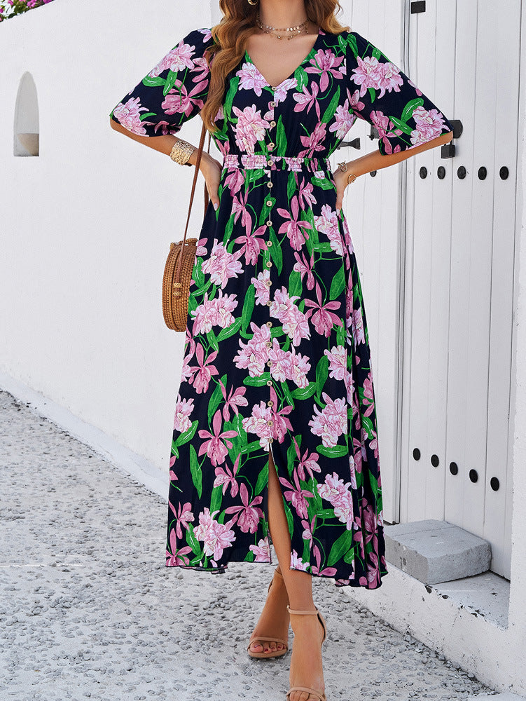 Spring/Summer Holiday Casual Print Slit Dress