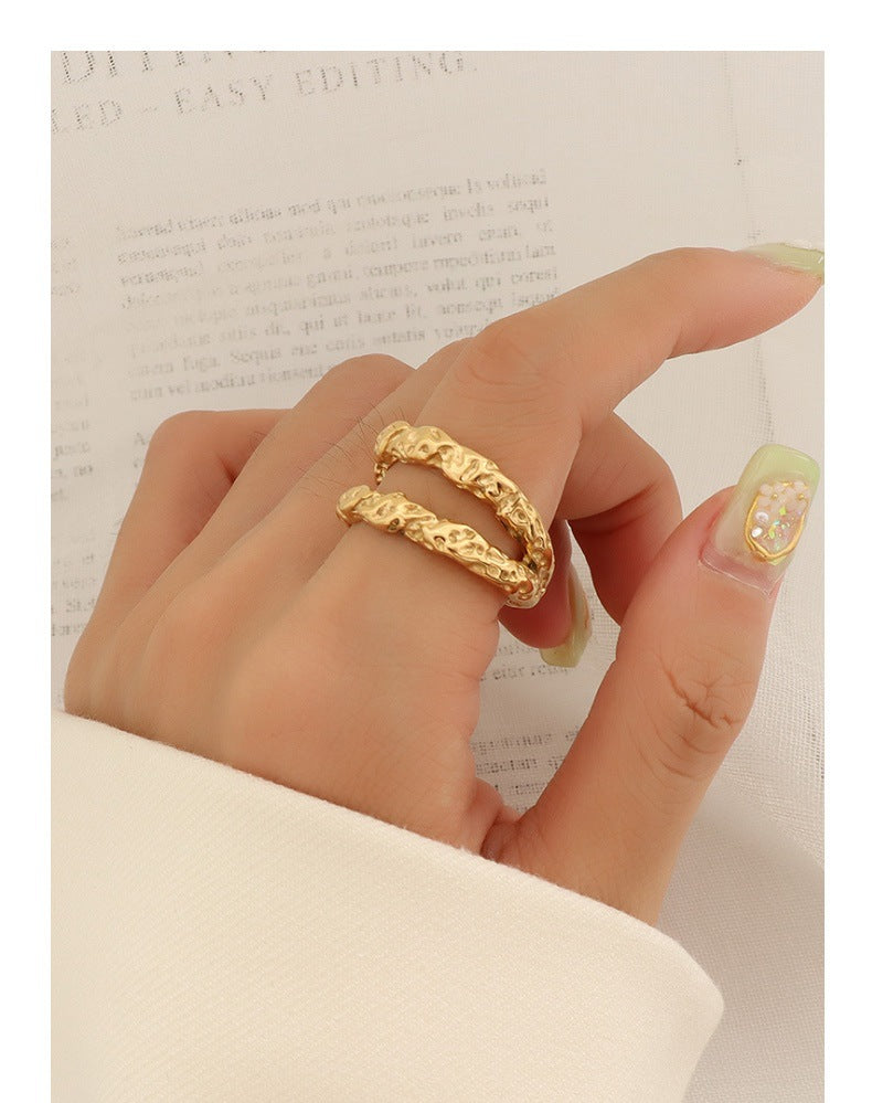 Adiffu 18K Gold Beat Tinfoil Textured Double Ring