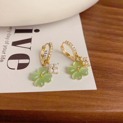 Adiffu Fresh Green Four-leaf Flower Zircon Earrings