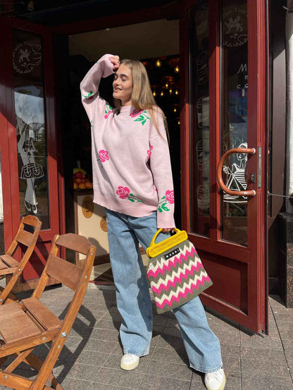 Adiffu Loose Colored Rose Crew-neck Sweater