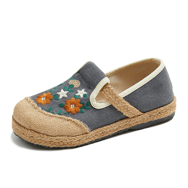 Adiffu Women's Flat Low Top Embroidered Flats Linen Casual Shoes Embroidered Shoes