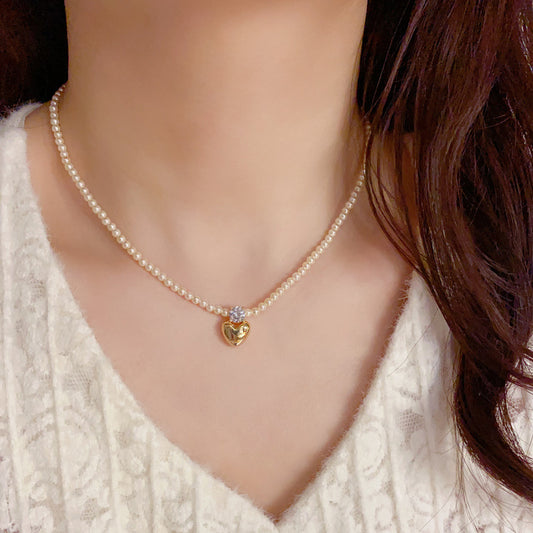 Adiffu French Vintage Metal Love Imitation Pearl Necklace