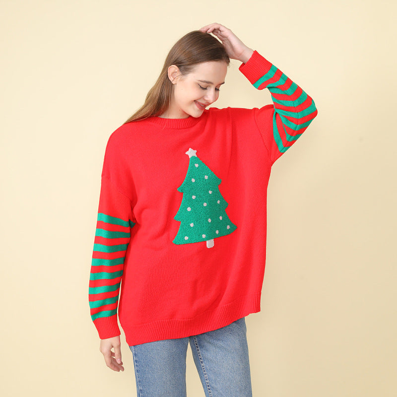 Adiffu Christmas Tree Crew Neck Pullover Knit Top