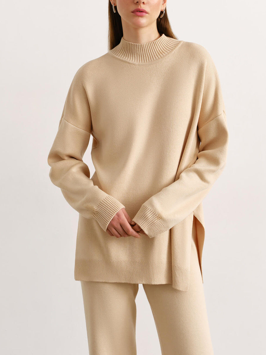 Adiffu Solid Color Knit Turtleneck Slit Sweater Set