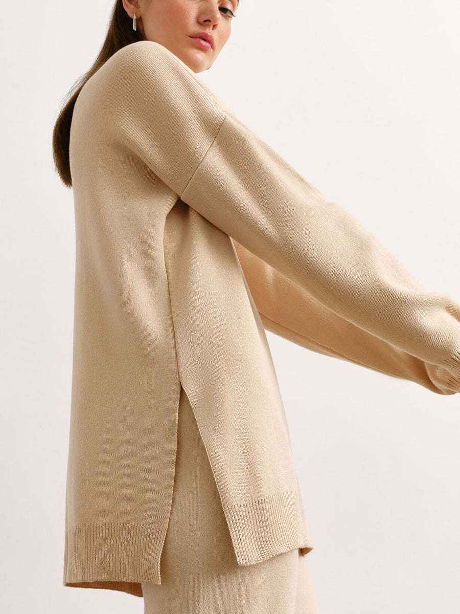 Adiffu Solid Color Knit Turtleneck Slit Sweater Set