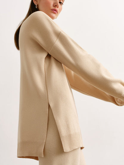 Adiffu Solid Color Knit Turtleneck Slit Sweater Set