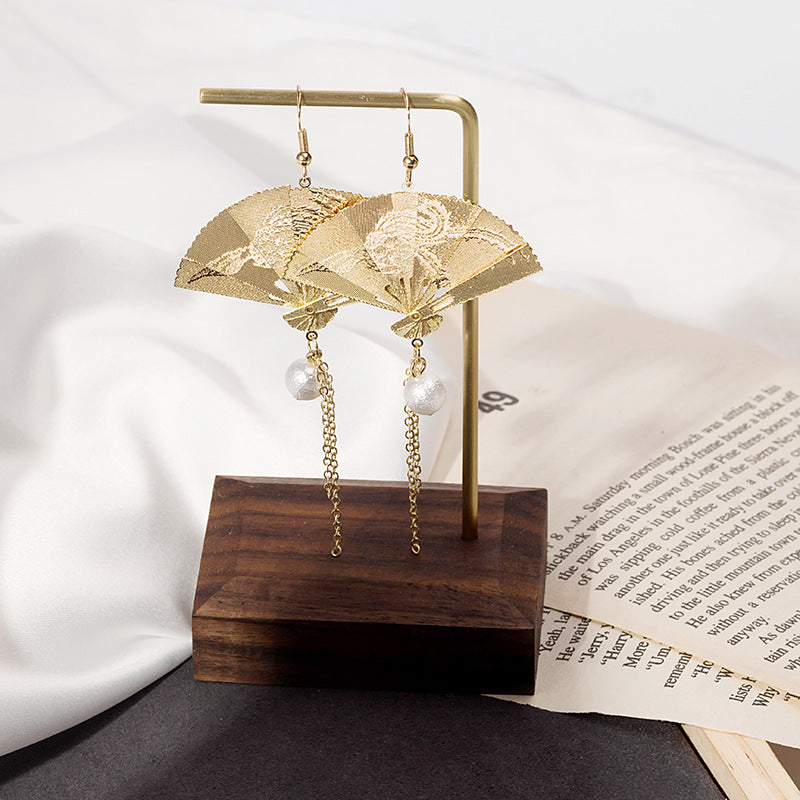 Vintage Carved Fan Folding Fan Pearl Earrings