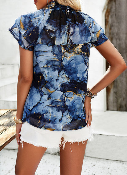 Semi-high Collar Floral Short-Sleeved Top-Blue