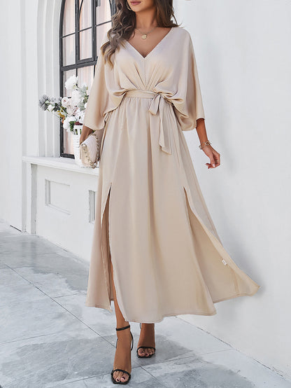 Adiffu Elegant V-Neck Loose Dress-Champagne