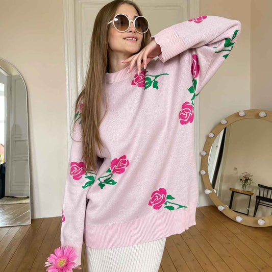Adiffu Loose Colored Rose Crew-neck Sweater