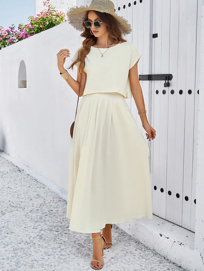 Adiffu Casual Sleeveless Top And Skirt Suit-Beige