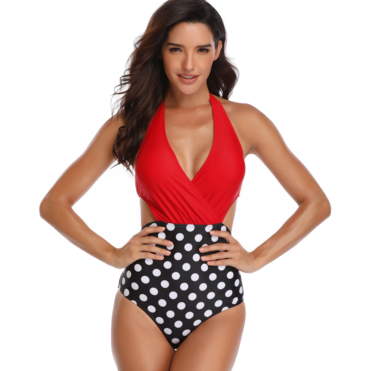 Adiffu High Stretch One-piece Swimsuit-Red & Black & White
