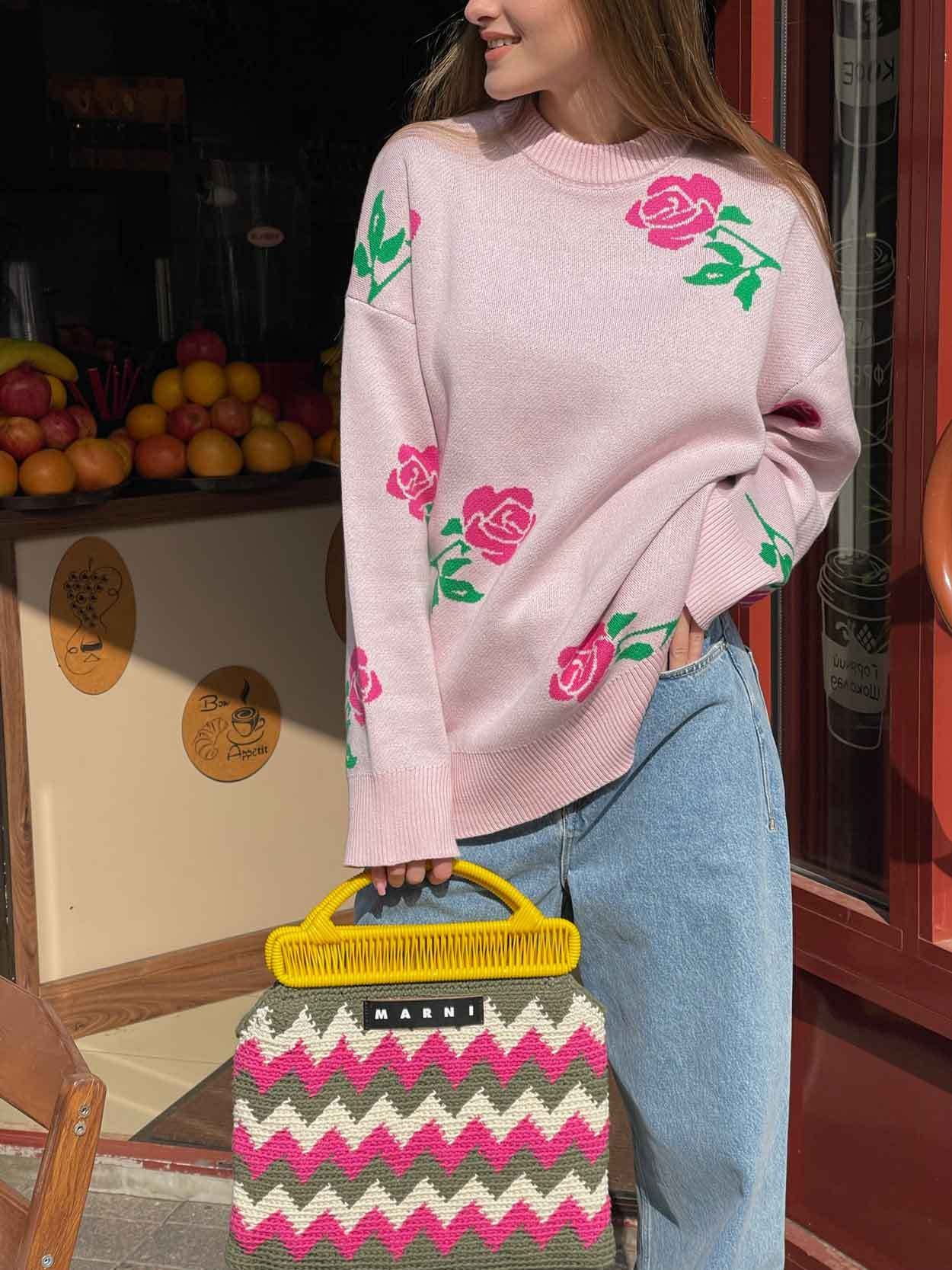 Adiffu Loose Colored Rose Crew-neck Sweater