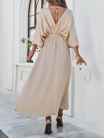 Adiffu Elegant V-Neck Loose Dress-Champagne