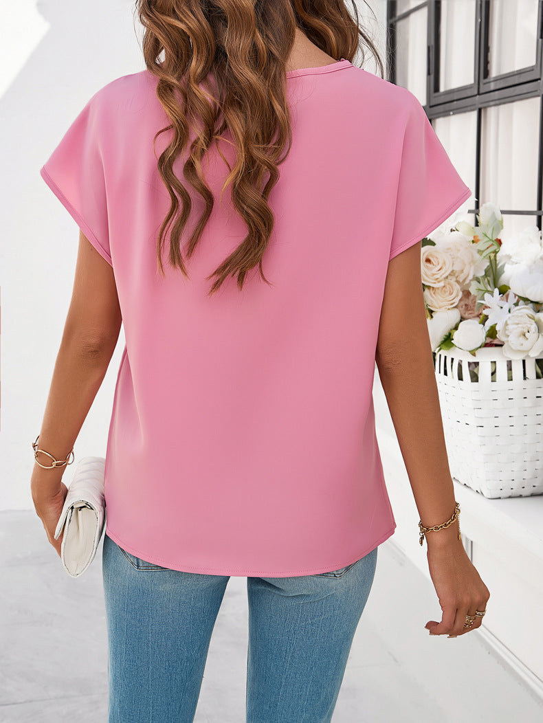 Adiffu Casual Solid Color V-neck Short-sleeved Shirt