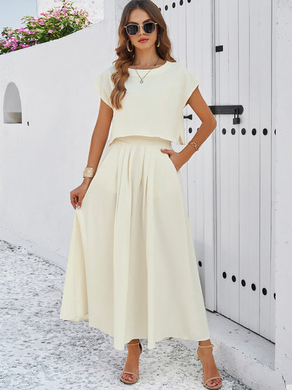 Adiffu Casual Sleeveless Top And Skirt Suit-Beige