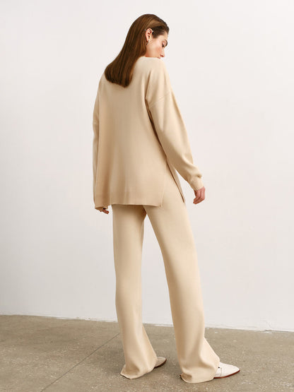 Adiffu Solid Color Knit Turtleneck Slit Sweater Set
