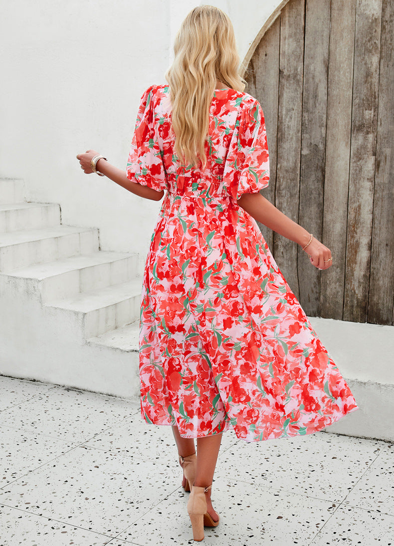Spring/Summer Holiday Casual Print V-neck Dress