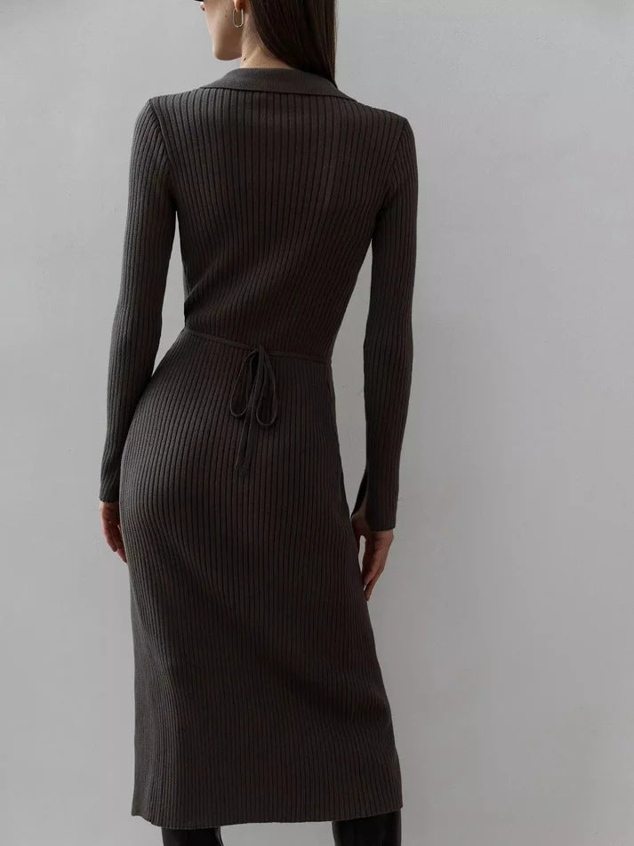 Adiffu POLO Collar Long-sleeved Lace-up Sweater Dress