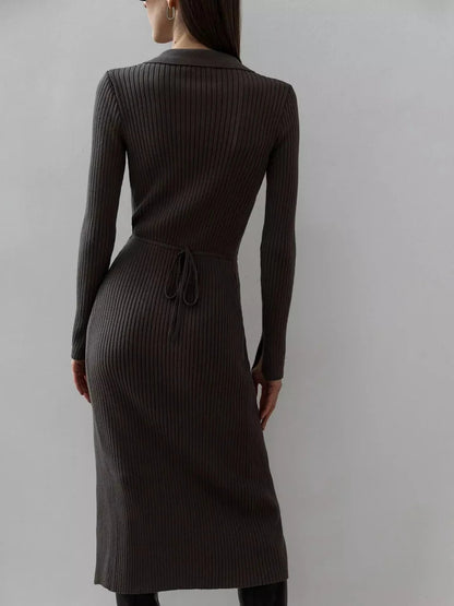Adiffu POLO Collar Long-sleeved Lace-up Sweater Dress