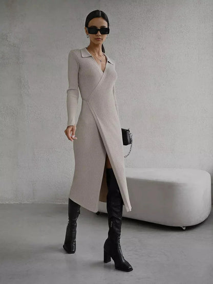 Adiffu POLO Collar Long-sleeved Lace-up Sweater Dress