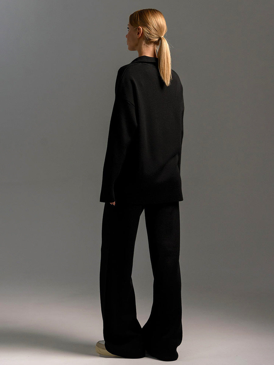 Adiffu Polo Neck Knit Pullover And Wide-leg Trousers