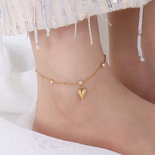 Adiffu Zircon Peach Heart Pendant Anklet