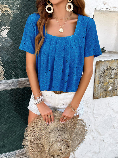 Adiffu Knitted Short Sleeve Top-Blue
