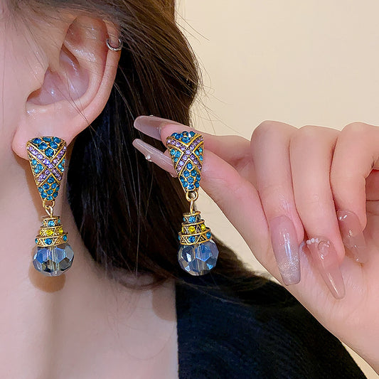 Adiffu Rhinestone Set Trapezoidal Drop Tassel Earrings