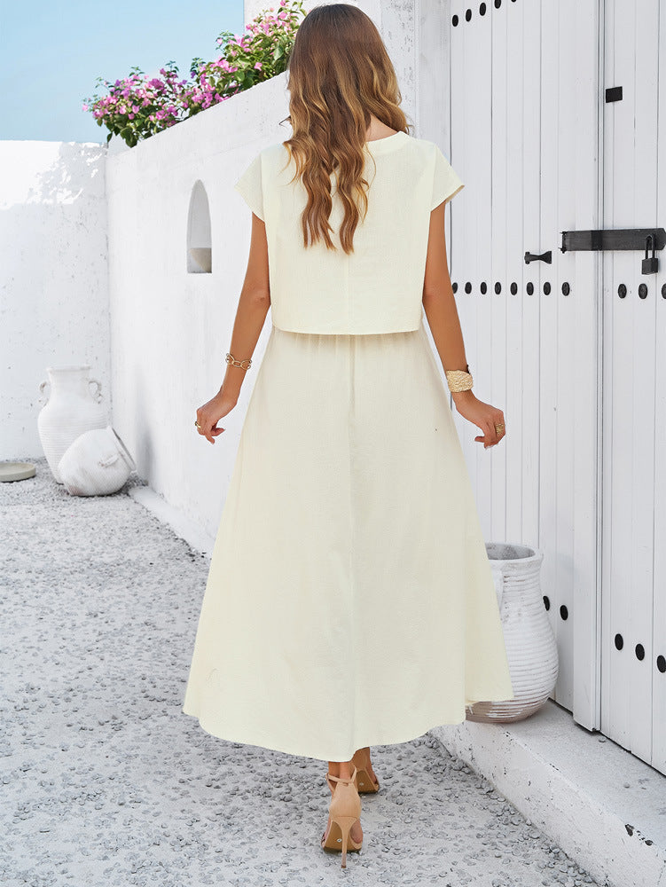 Adiffu Casual Sleeveless Top And Skirt Suit-Beige