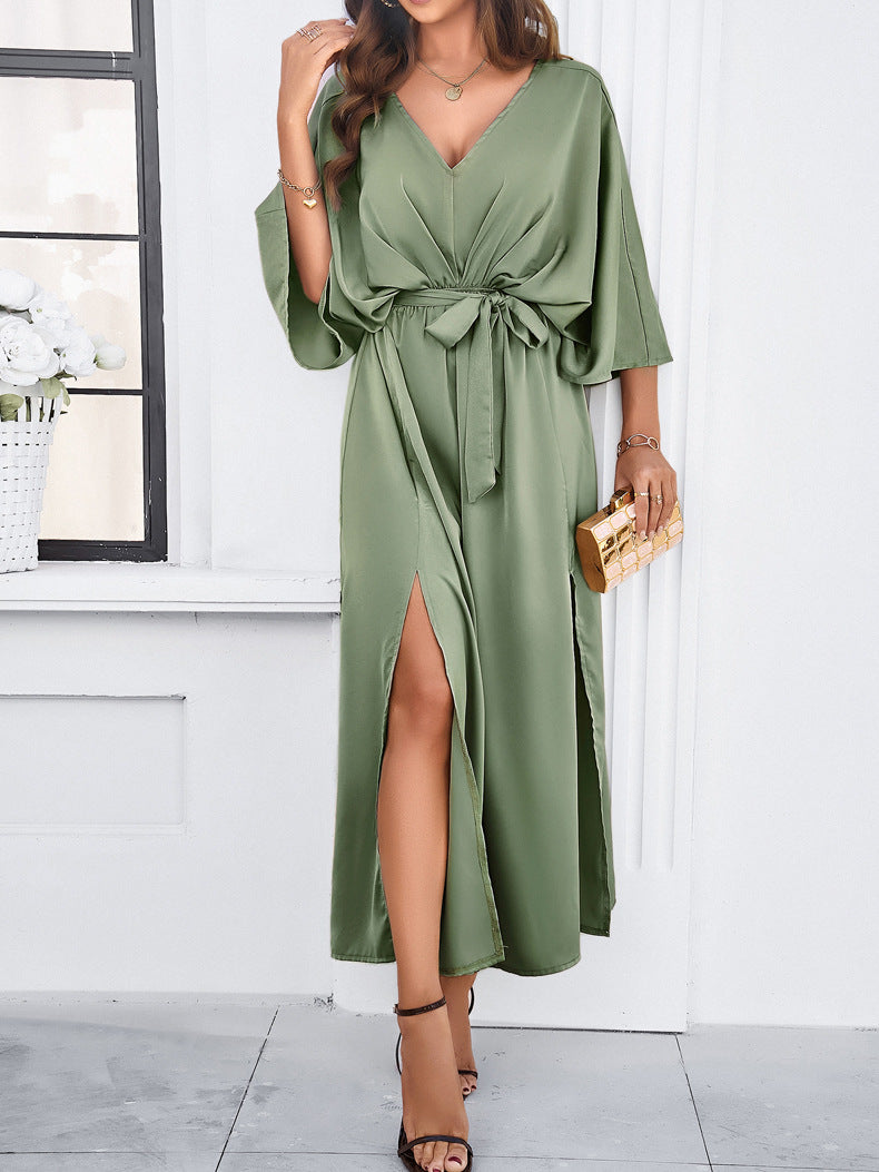 Adiffu Elegant V-Neck Loose Dress-Green