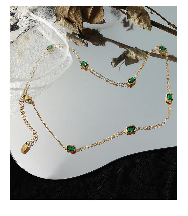 Adiffu Natural Square Emerald Zircon Collarbone Necklace