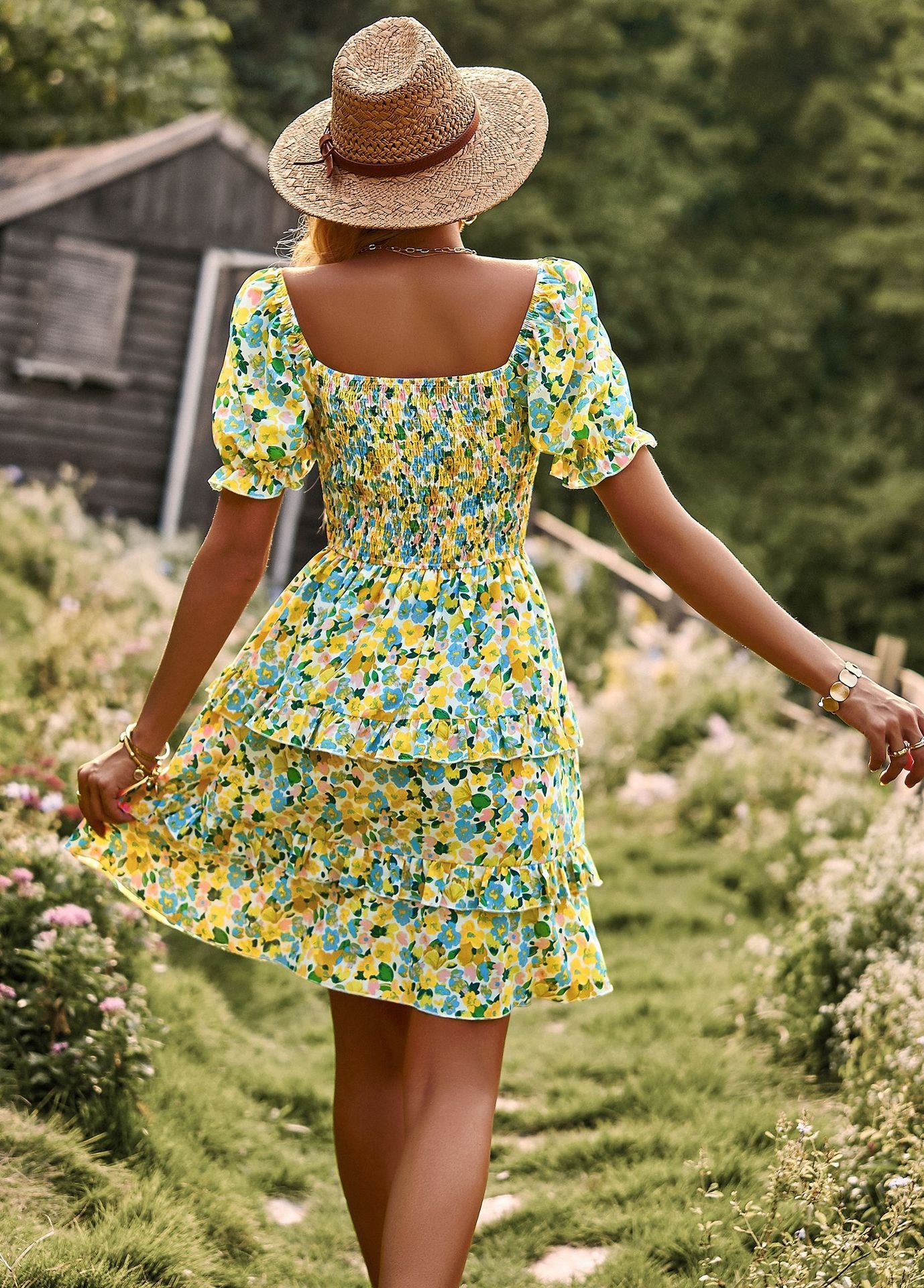 Adiffu Floral Short Sleeve Cake Dress