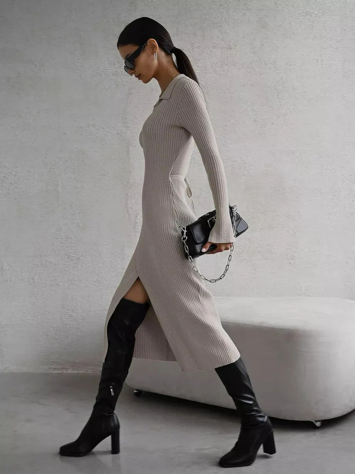 Adiffu POLO Collar Long-sleeved Lace-up Sweater Dress