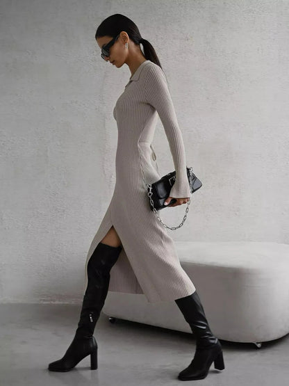 Adiffu POLO Collar Long-sleeved Lace-up Sweater Dress