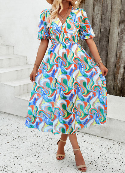 Spring/Summer Holiday Casual Print V-neck Dress