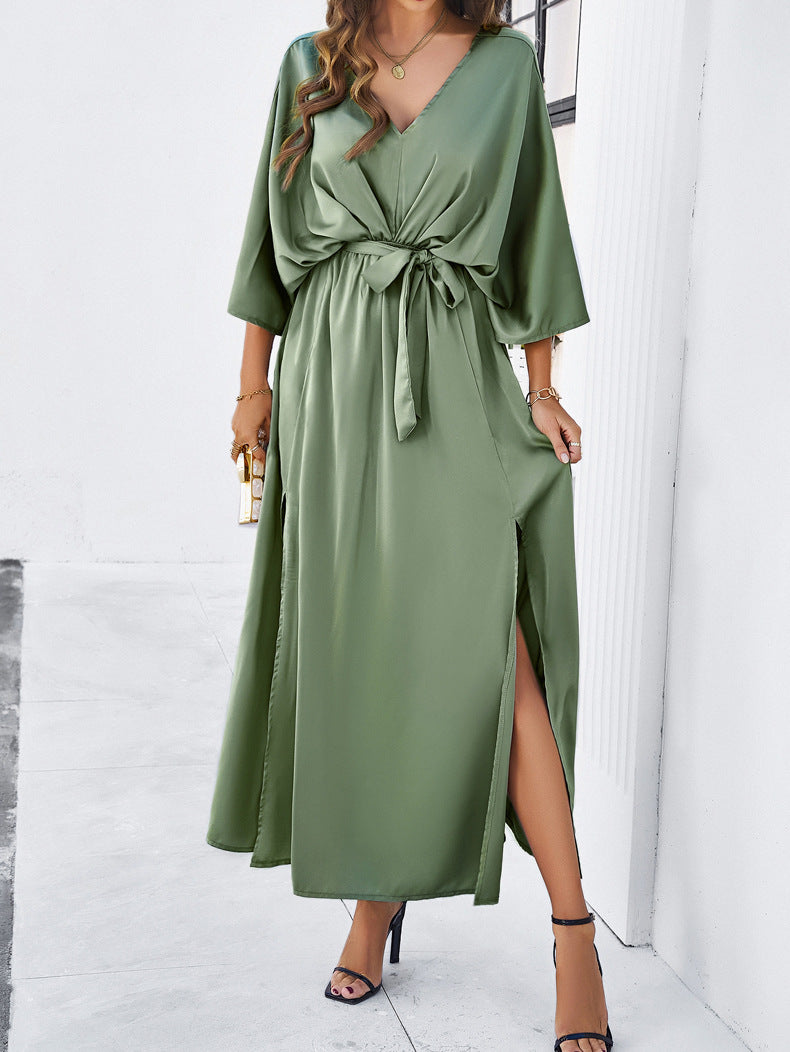 Adiffu Elegant V-Neck Loose Dress-Green